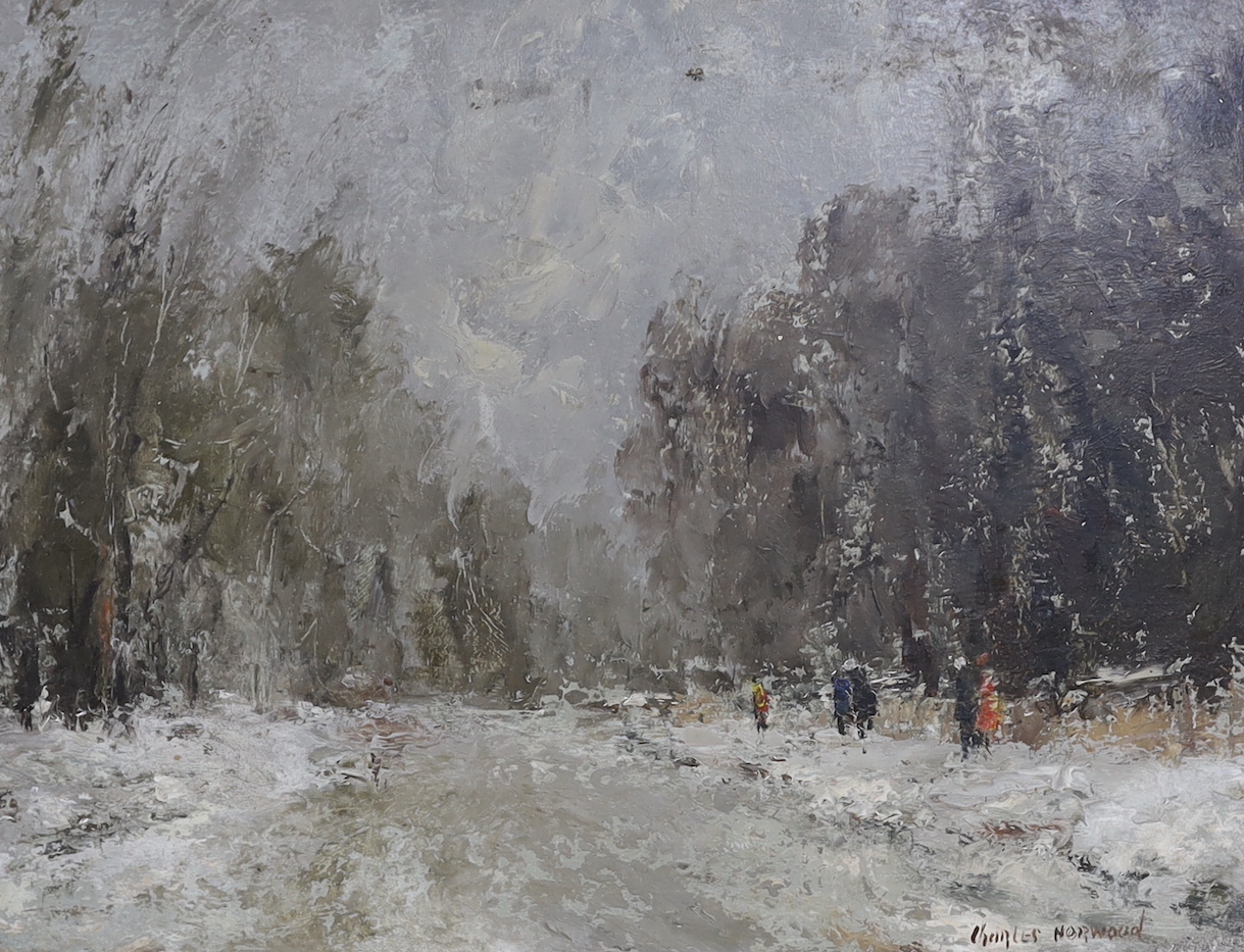 Charles Horwood (1907-1975), oil on board, Figures in a winter landscape, signed, 30 x 40cm